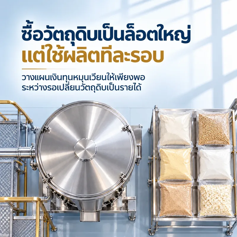 ซื้อวัตถุดิบเป็นล็อตใหญ่ แต่ใช้ผลิตทีละรอบ — จ่ายค่าวัตถุดิบทั้งล็อตตั้งแต่วันแรก แต่กว่าวัตถุดิบจะกลายเป็นสินค้าและรายได้ ต้องผ่านอีกหลายรอบการผลิต